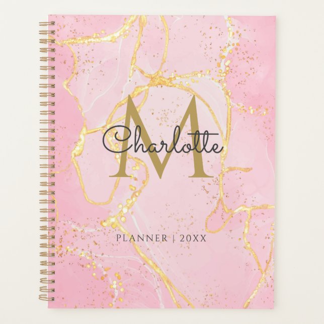 Monogram Pink Agate Geode Gold Script 2023 Planner (Front)