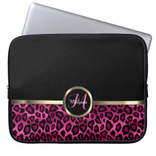 Monogram Pink and Black Leopard with Gold Accents Laptop Sleeve