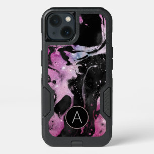 Monogram Pink and Black Marble Swirl Galaxy iPhone 13 Case
