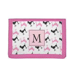 Monogram pink and black poodles tri-fold wallet