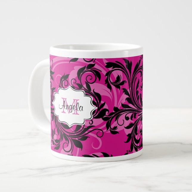 Monogram Pink and Black Scrolled Jumbo 20 oz. Mug (Front Left)