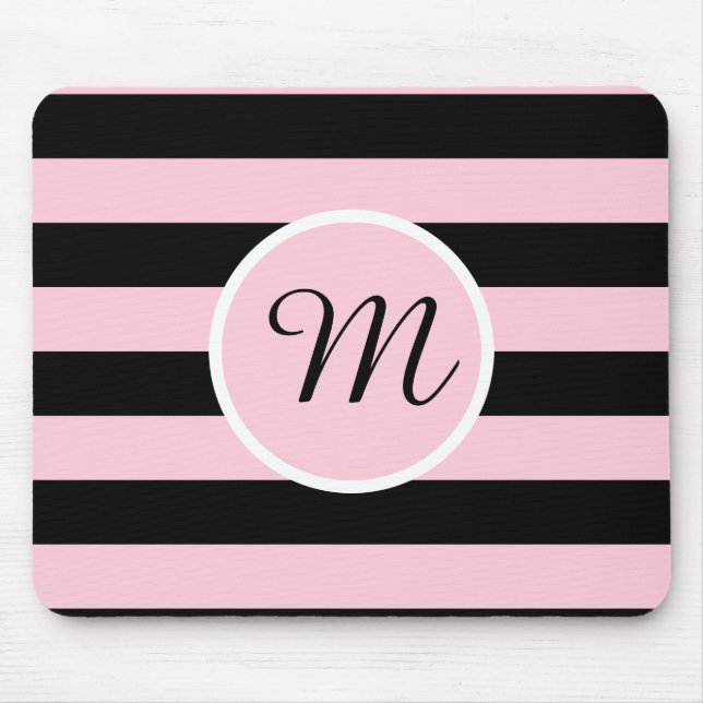 Monogram Pink and Black Striped Mouse Pad (Front)