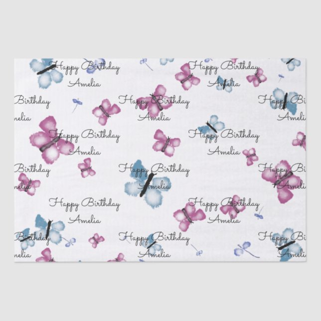 Monogram Pink and Blue Butterfly Tissue Paper (Front)