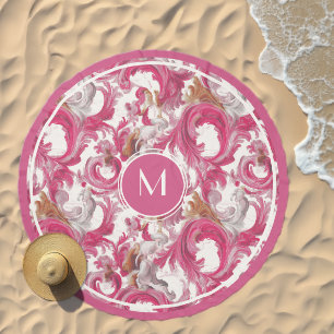 Monogram Pink and Ecru Rococo Swirls Beach Towel