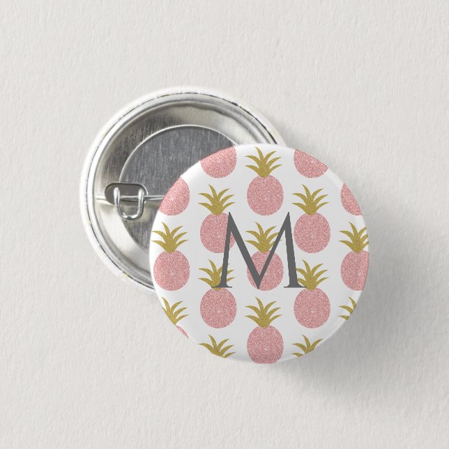 Monogram Pink and Gold Glitter Pineapple Button (Front & Back)
