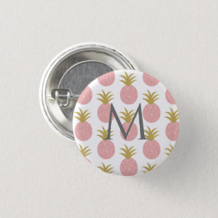 Monogram Pink and Gold Glitter Pineapple Button