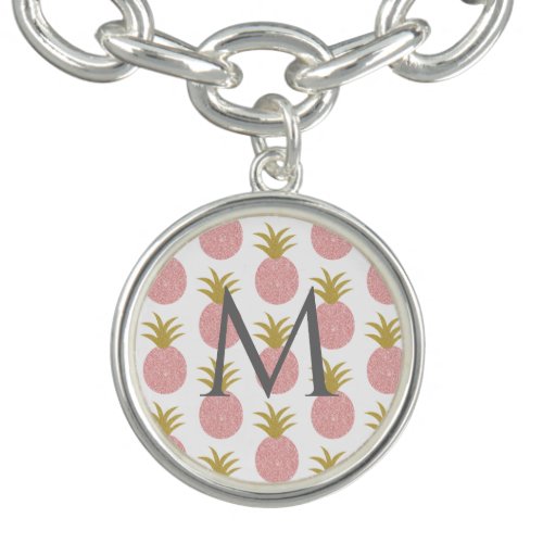 Monogram Pink and Gold Glitter Pineapple Charm Bracelet