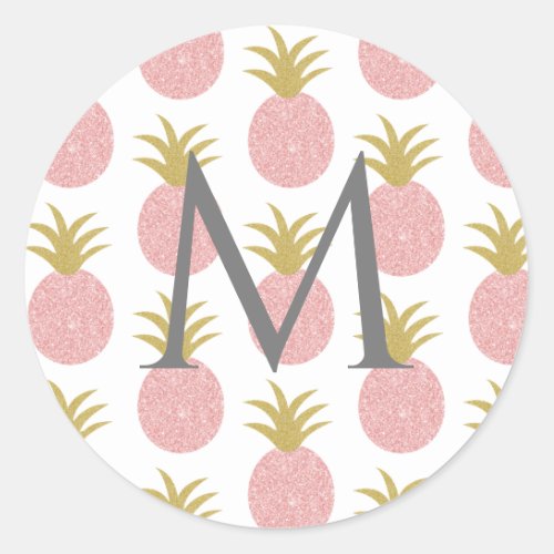 Monogram Pink and Gold Glitter Pineapple Classic Round Sticker