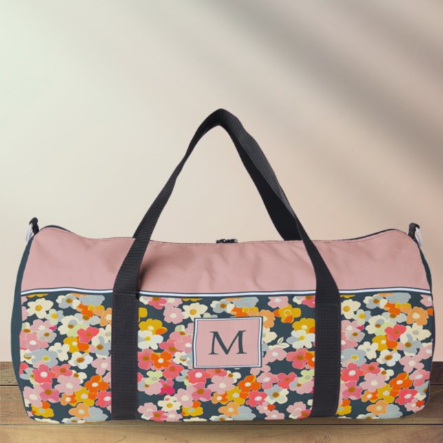 Monogram Pink and Gray Floral Initial Large Duffle Bag (Monogram Initial Floral Pink and Gray Duffel Bag)