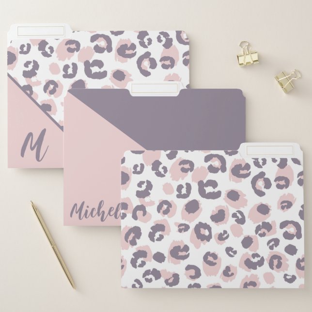 Monogram Pink and Gray Leopard Pattern File Folder (Set)