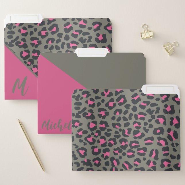 Monogram Pink and Gray Leopard Pattern File Folder (Set)