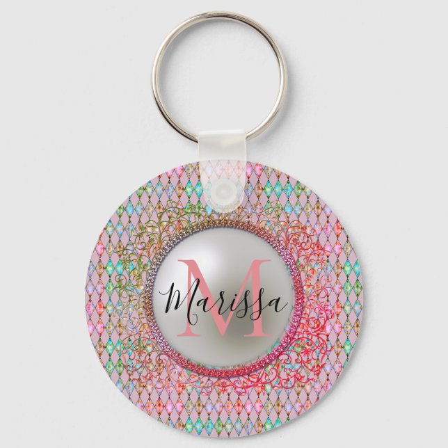 Monogram Pink and Green Harlequin  Keychain (Front)