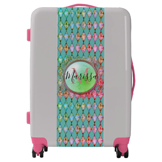 Monogram Pink and Green Harlequin Luggage (Front)
