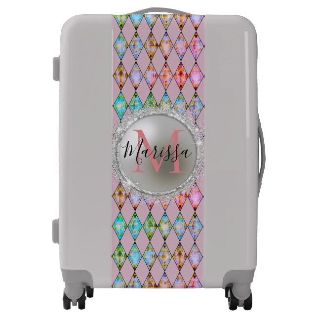 Monogram Pink and Green Harlequin   Luggage (Front)