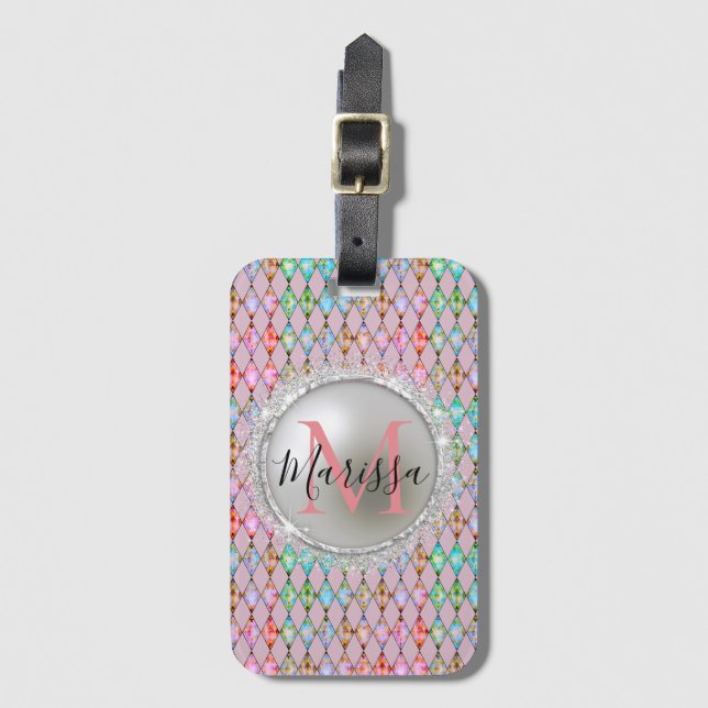 Monogram Pink and Green Pastels Harlequin    Luggage Tag (Front Vertical)