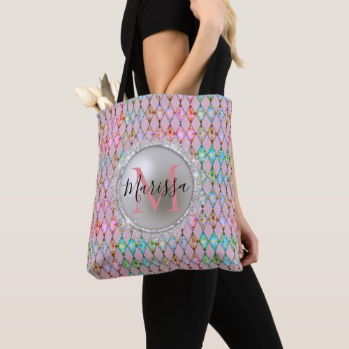 Monogram Pink and Green Pastels Harlequin   Tote Bag