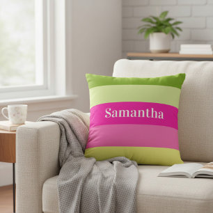 Monogram Pink and Green Striped Color Block Throw Pillow