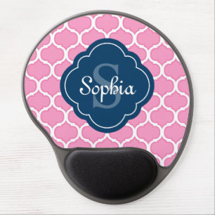 Monogram Pink and Navy Blue Arabesque Pattern Gel Mouse Pad