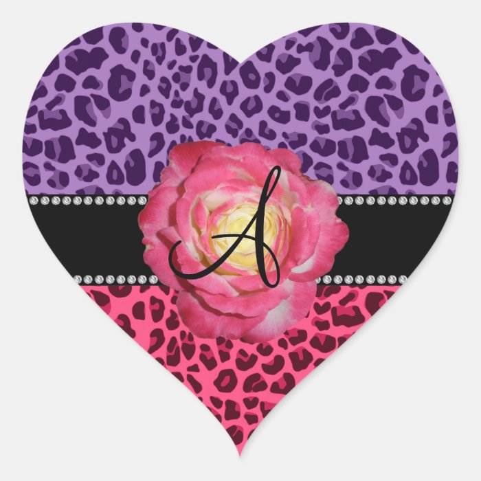 Monogram pink and purple leopard pattern pink rose sticker