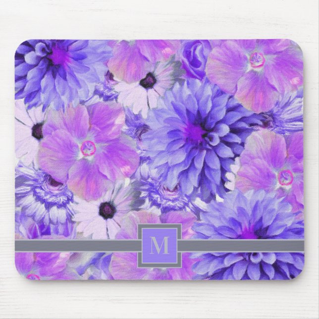Monogram Pink and Purple Painted Floral Mouse Pad (Front)