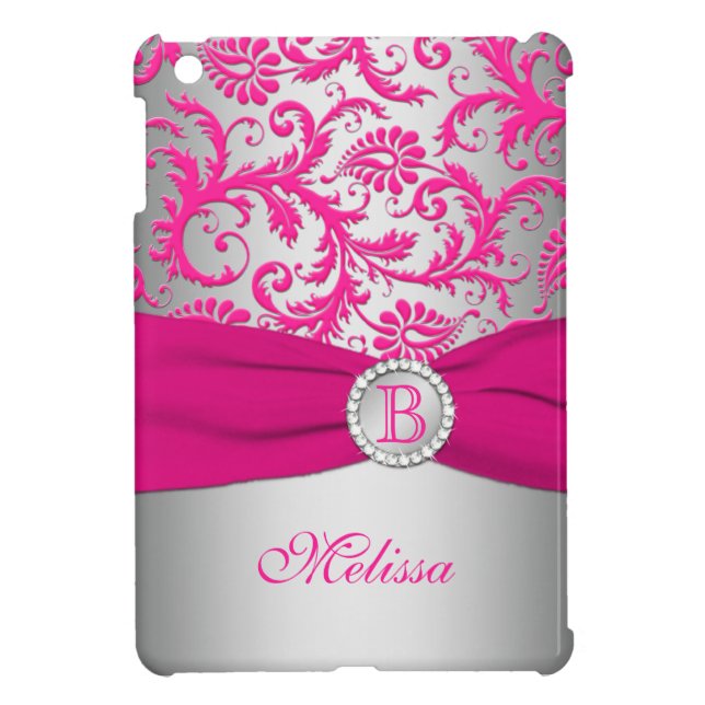 Monogram Pink and Silver Damask iPad Mini Case (Back)