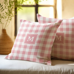 Monogram Pink and White Buffalo Plaid Throw Pillow
