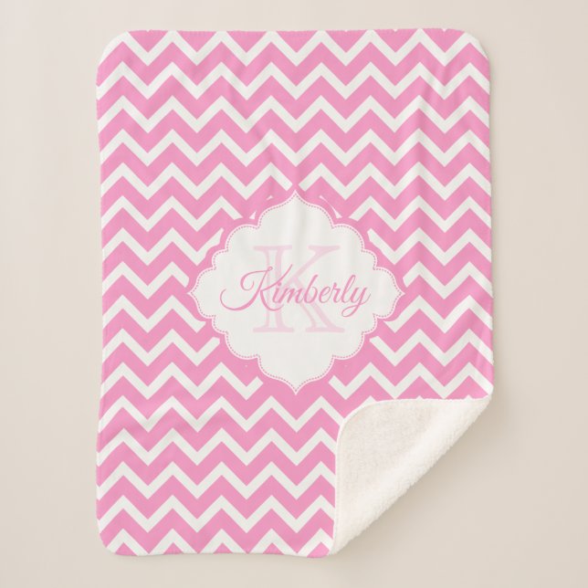 Monogram Pink And White Chevron Sherpa Blanket (Front)