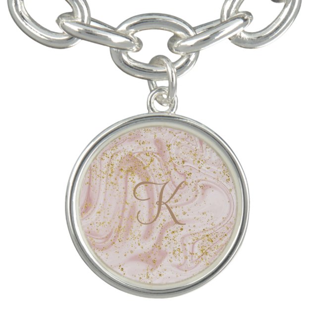 Monogram Pink and White Marble Swirl Gold Glitter Bracelet (Design)