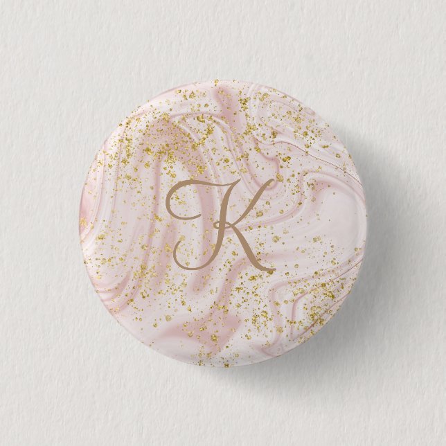 Monogram Pink and White Marble Swirl Gold Glitter Button (Front)