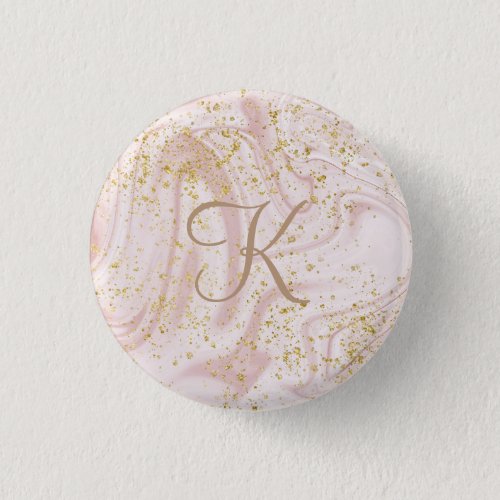 Monogram Pink and White Marble Swirl Gold Glitter Button