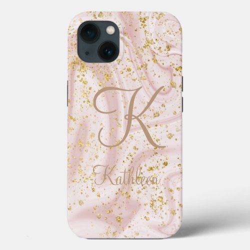 Monogram Pink and White Marble Swirl Gold Glitter iPhone 13 Case