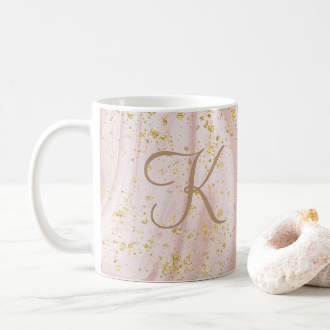 Monogram Pink and White Marble Swirl Gold Glitter Coffee Mug (With Donut)