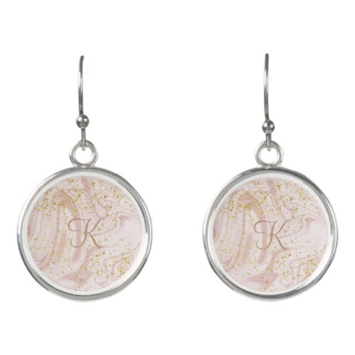 Monogram Pink and White Marble Swirl Gold Glitter  Earrings