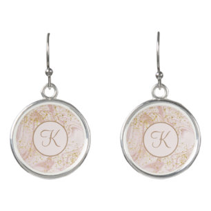 Monogram Pink and White Marble Swirl Gold Glitter Earrings