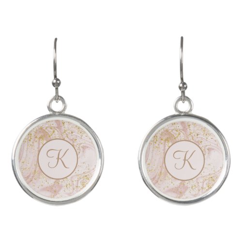 Monogram Pink and White Marble Swirl Gold Glitter Earrings