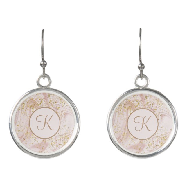 Monogram Pink and White Marble Swirl Gold Glitter Earrings (Front)