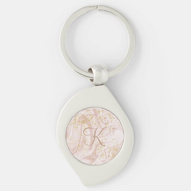 Monogram Pink and White Marble Swirl Gold Glitter  Keychain (Front)