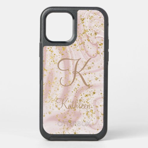 Monogram Pink and White Marble Swirl Gold Glitter OtterBox Symmetry iPhone 12 Case