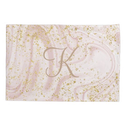 Monogram Pink and White Marble Swirl Gold Glitter Pillow Case