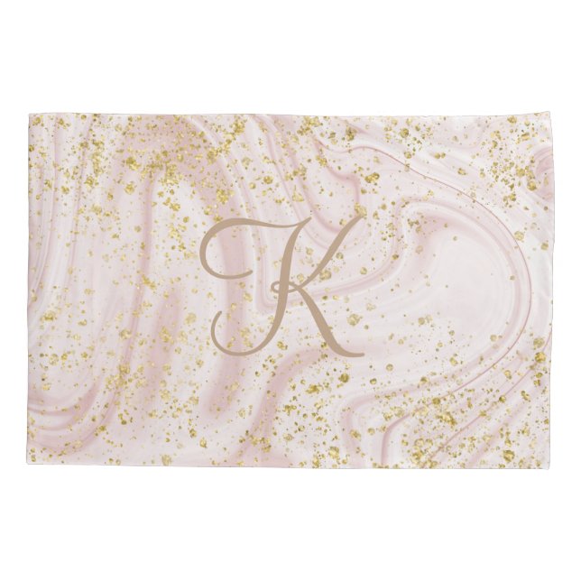 Monogram Pink and White Marble Swirl Gold Glitter Pillow Case (Back)