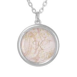 Monogram Pink and White Marble Swirl Gold Glitter Silver Plated Necklace