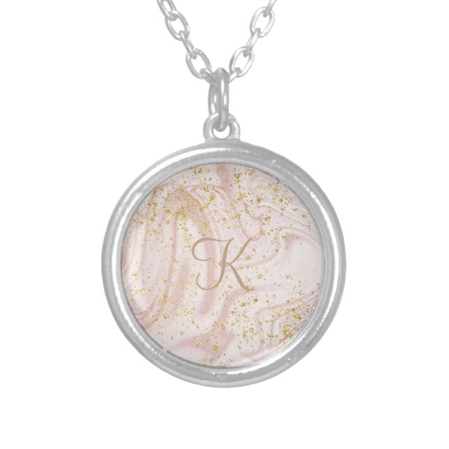 Monogram Pink and White Marble Swirl Gold Glitter Silver Plated Necklace (Front)