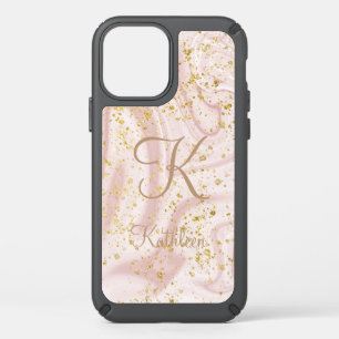 Monogram Pink and White Marble Swirl Gold Glitter Speck iPhone 12 Case