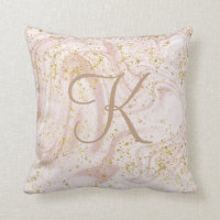 Monogram Pink and White Marble Swirl Gold Glitter  Throw Pillow