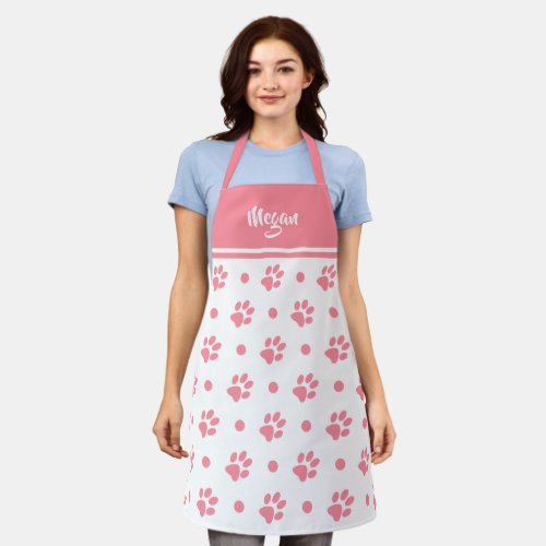 Monogram Pink and White Paw Prints and Polka Dots Apron
