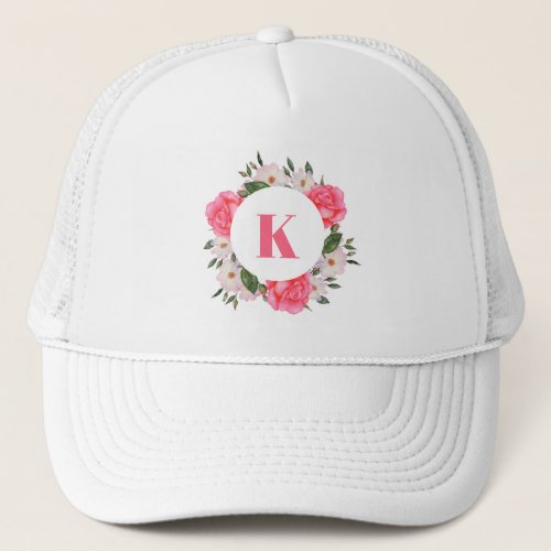 Monogram Pink and White Roses Wreath Circle Trucker Hat