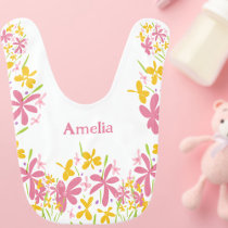Monogram Pink and Yellow flower Baby Bib