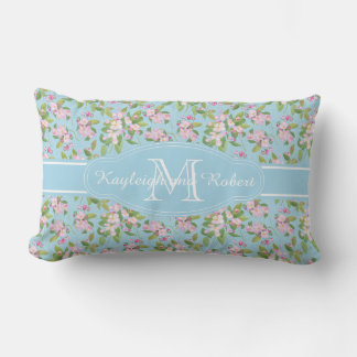 Monogram Pink Apple Blossom on Blue Pattern Lumbar Pillow
