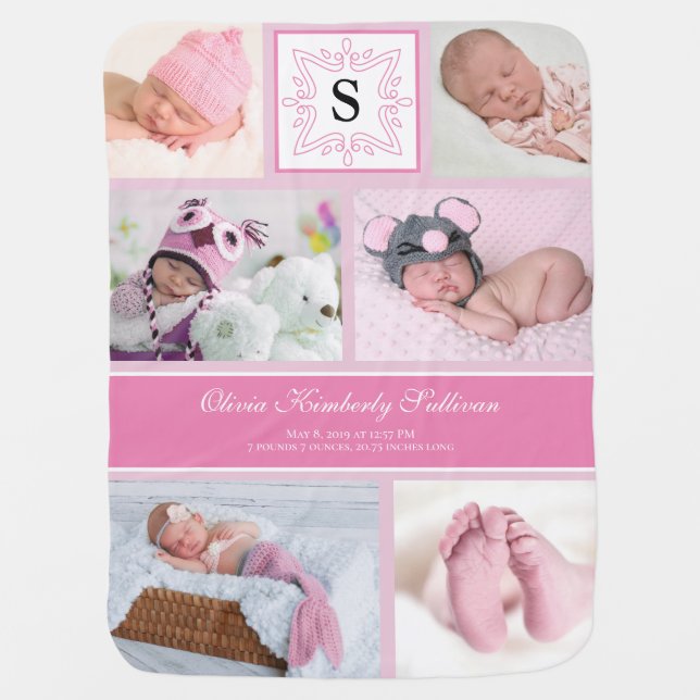 Monogram Pink Baby Girl Photo Collage Blanket (Front)