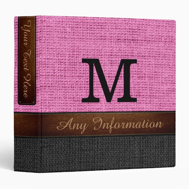 Monogram Pink & Black Burlap Rustic Jute 3 Ring Binder (Front/Spine)